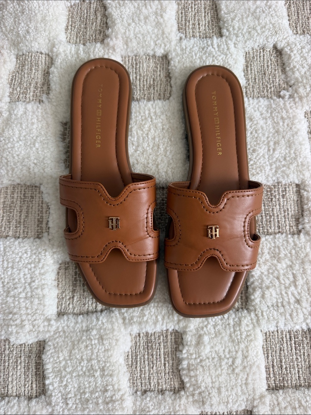 Tommy Hilfiger Tan Leather Slide Mules with Gold Logo